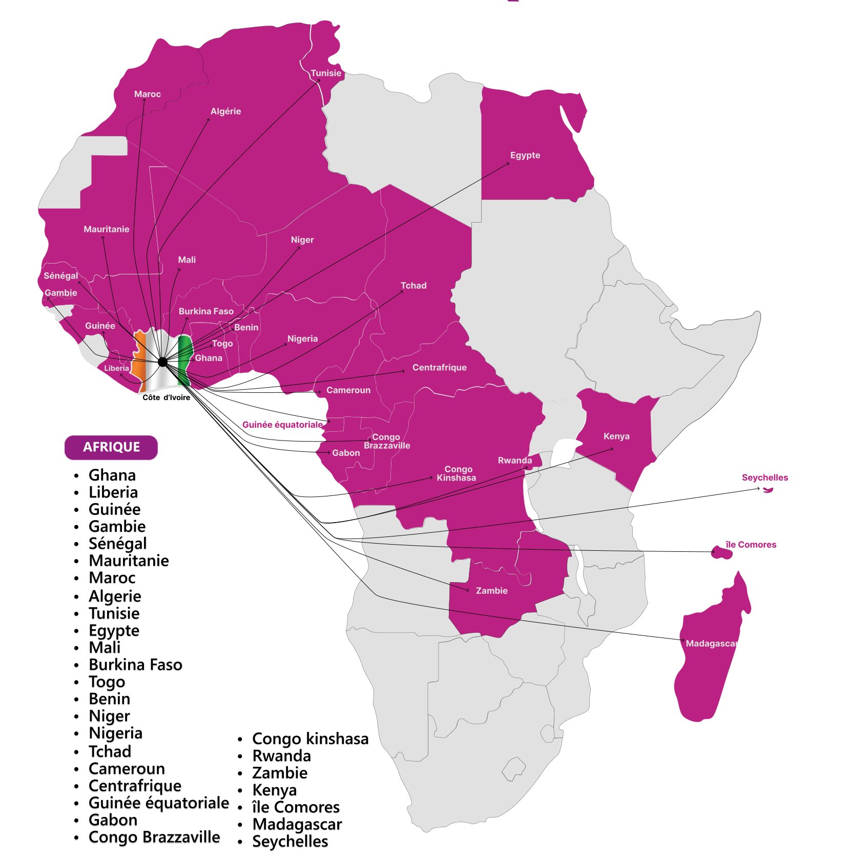 Rapatriements effectués en Afrique — 29 pays desservis depuis la Côte d’Ivoire